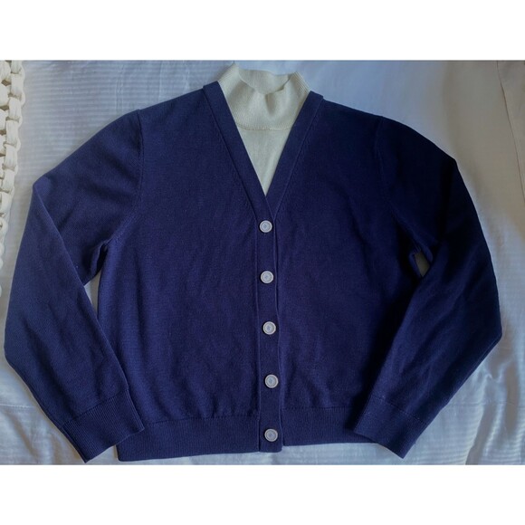 Noir Sweaters - Noir Noir Navy Wool Cardigan with Built-in Cream Mock Neck. Reverse Button Back.
